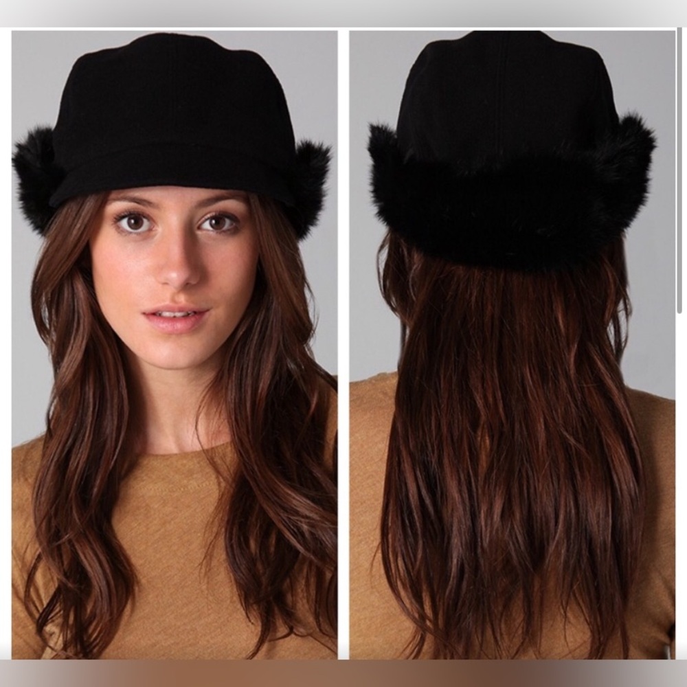 Eugenia Kim Black Faux Fur Trim Cap